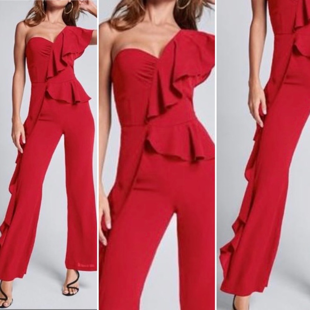 One Shoulder Ruffle Trim Jumpsuit - Picture 2 of 2